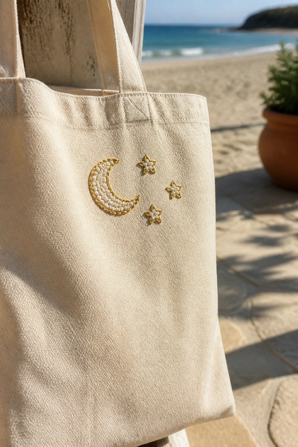 Canvas tote bag with a gold-outlined crescent moon filled in white and three small gold stars with white centers embroidered on the front.