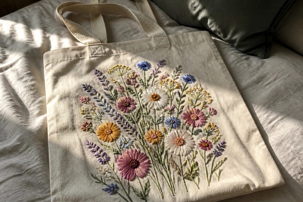 19 Creative Tote Bag Embroidery Ideas That Add Personality to Plain Canvas Bags A cream canvas tote bag with colorful embroidered wildflowers clustered across the front.
