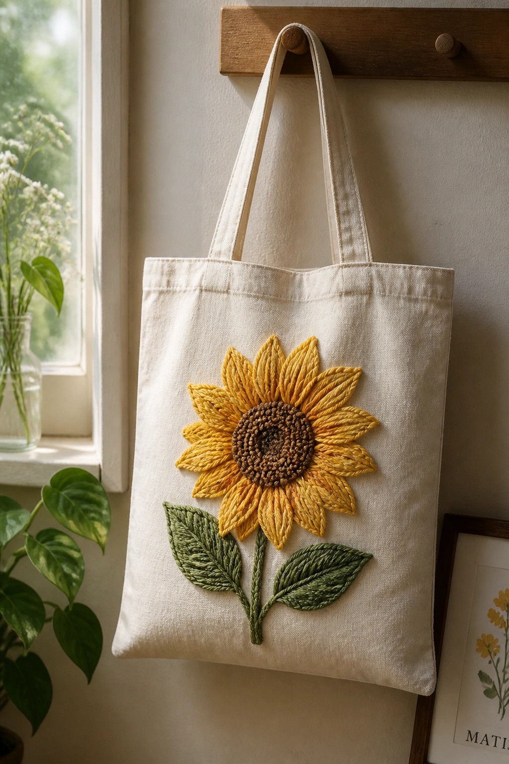 A canvas tote bag with a large embroidered sunflower hangs on a wooden peg.