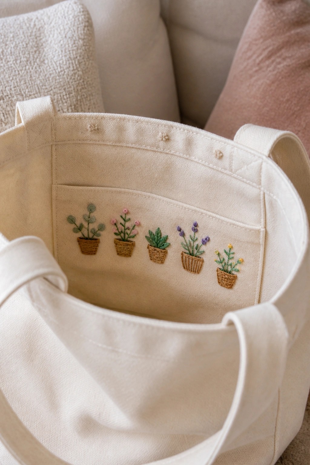 A canvas tote bag open to show five small embroidered potted plants in a row on the interior pocket.