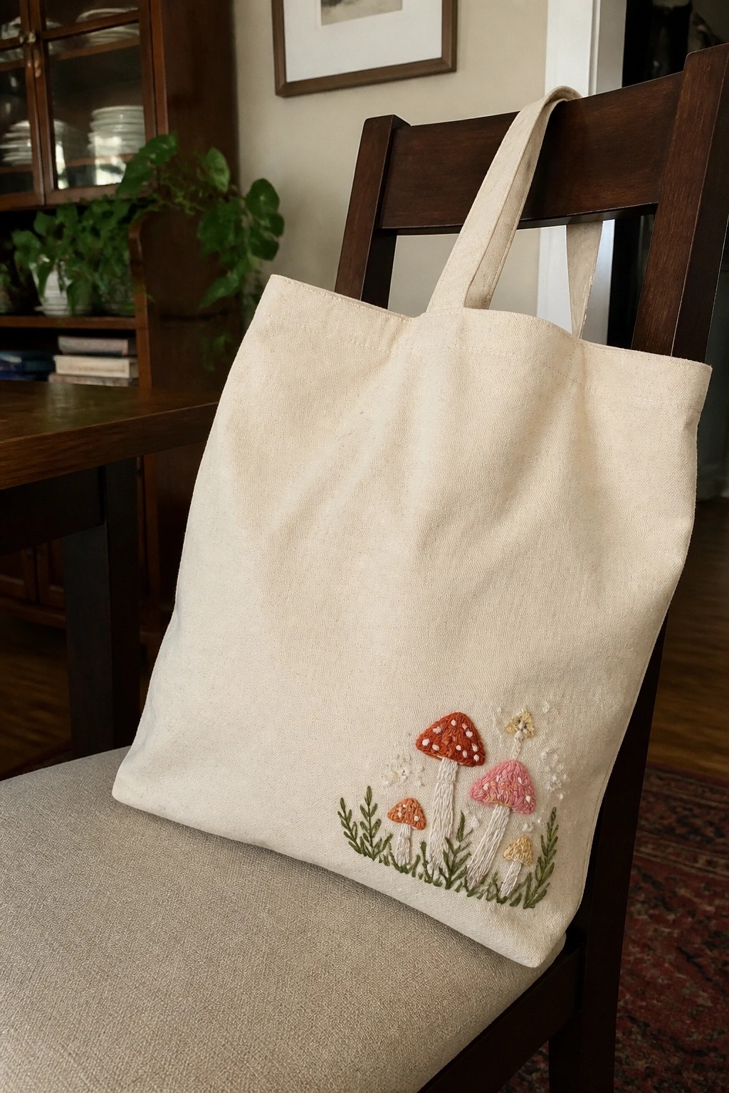 Canvas tote bag with embroidered mushrooms and leaves in one lower corner resting on a chair.