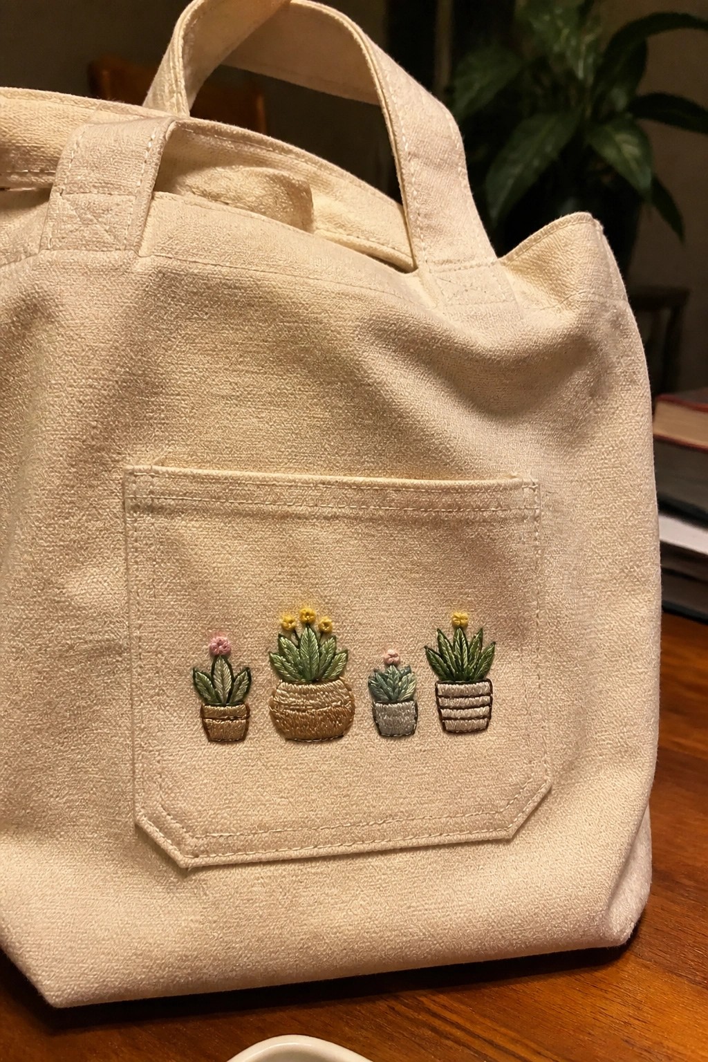 Beige canvas tote bag with four embroidered potted plants on front pocket.