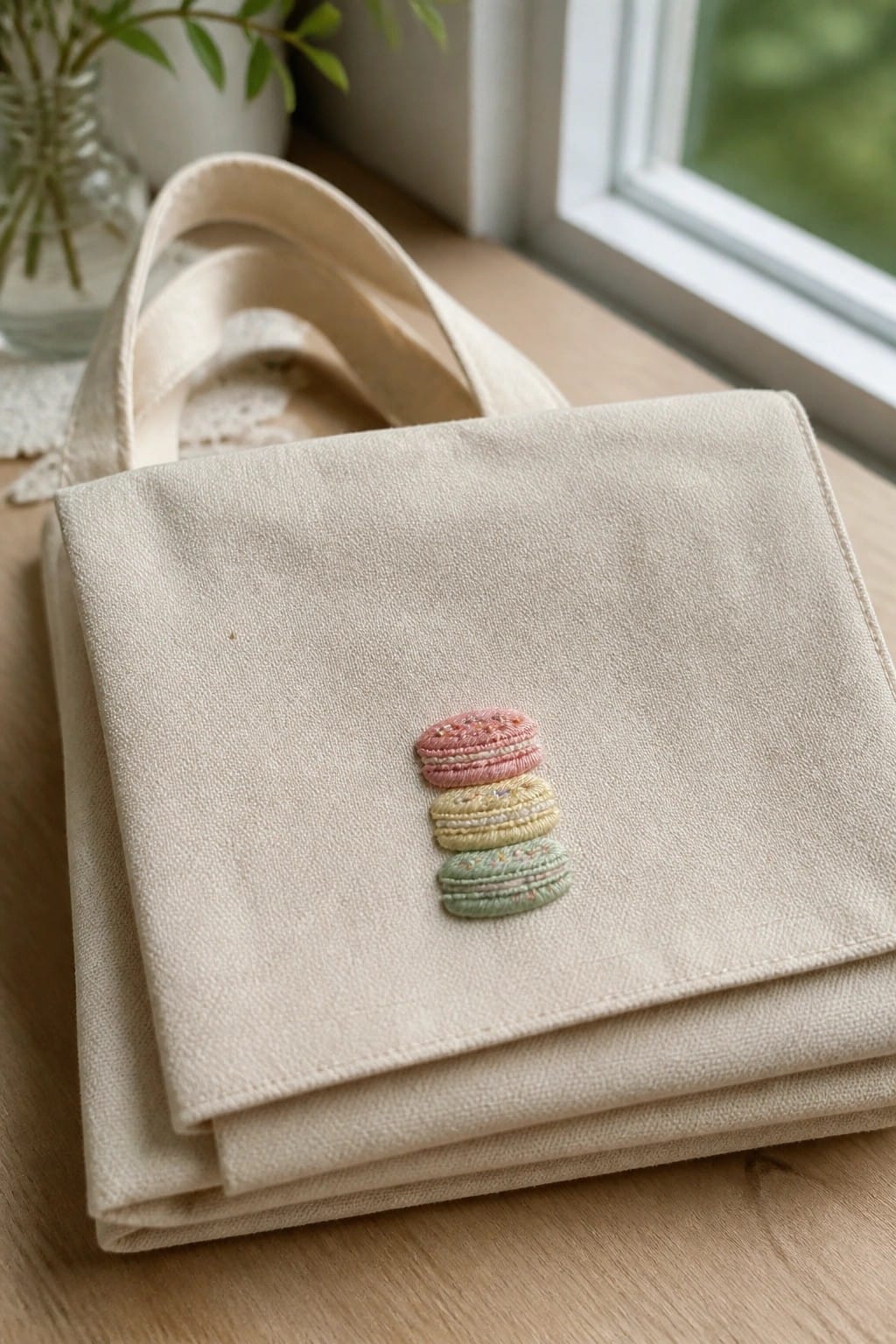 Canvas tote bag with three small embroidered macarons stacked vertically in pink, yellow, and green on the front.