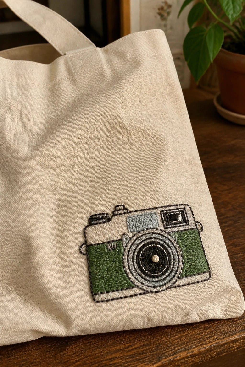 A canvas tote bag with a green and gray embroidered camera design on the lower front.