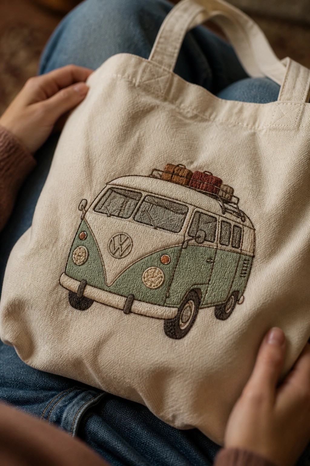 Hands holding embroidered green VW bus on beige tote bag over blue jeans.