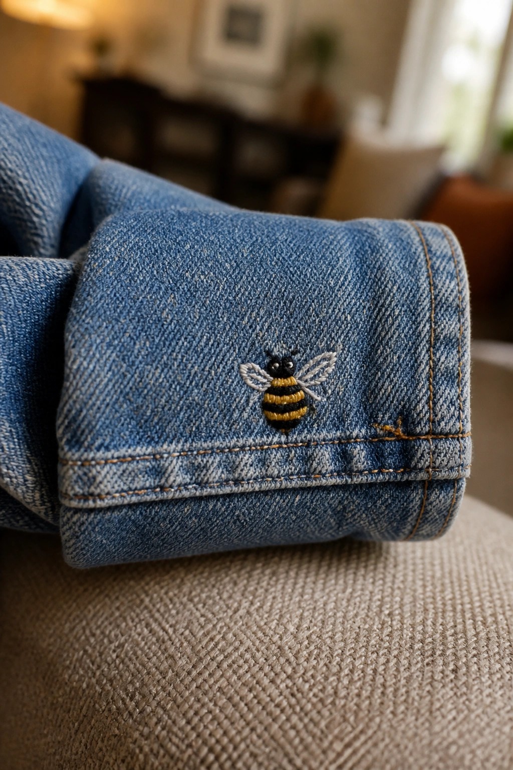 Blue denim cuff with yellow-and-black embroidered bee on beige fabric