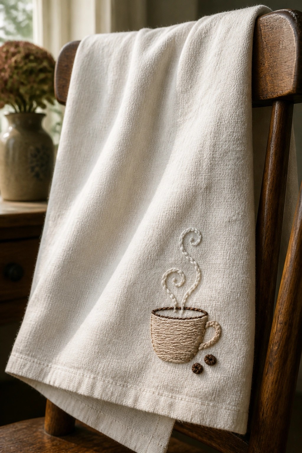 A white towel embroidered with a coffee cup, steam swirls, and two beans rests on a wooden chair.