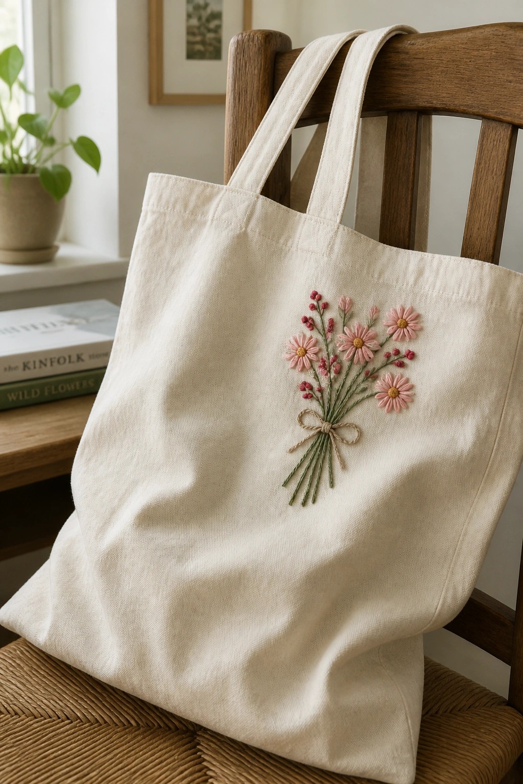 Cream tote bag with pink daisy embroidery draped over wooden chair