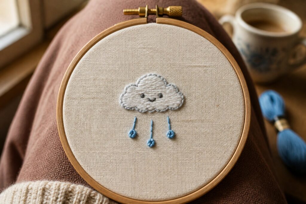 Smiling cloud embroidery with blue raindrops in wooden hoop on lap