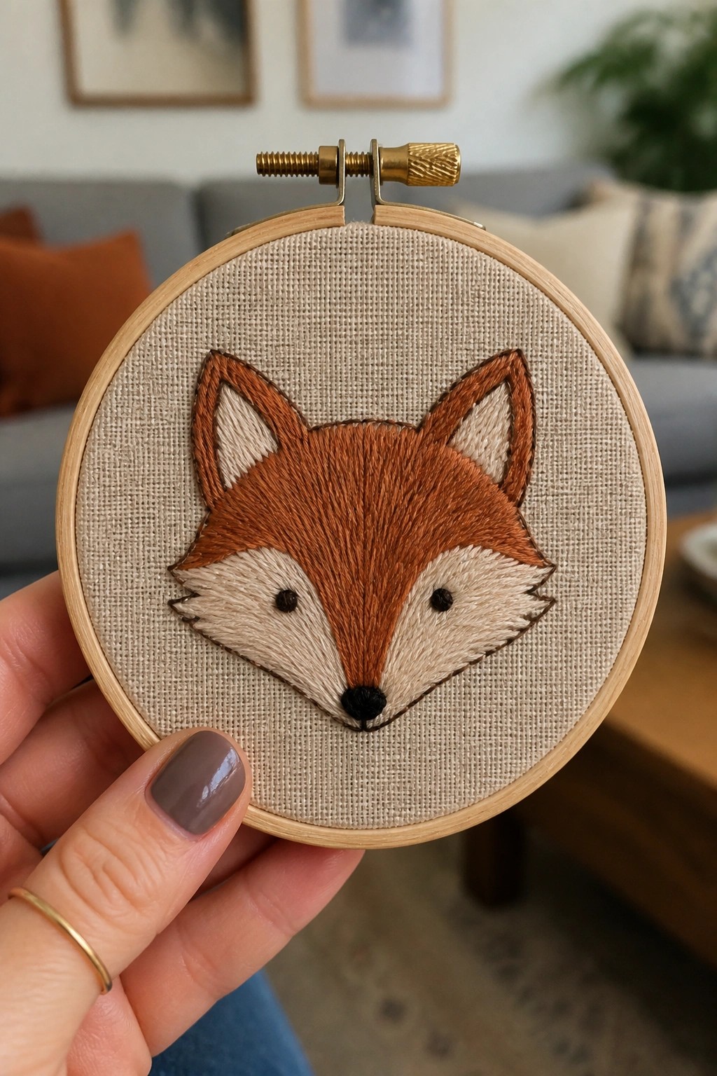 A hand holds a wooden embroidery hoop displaying a stitched fox face on beige fabric.