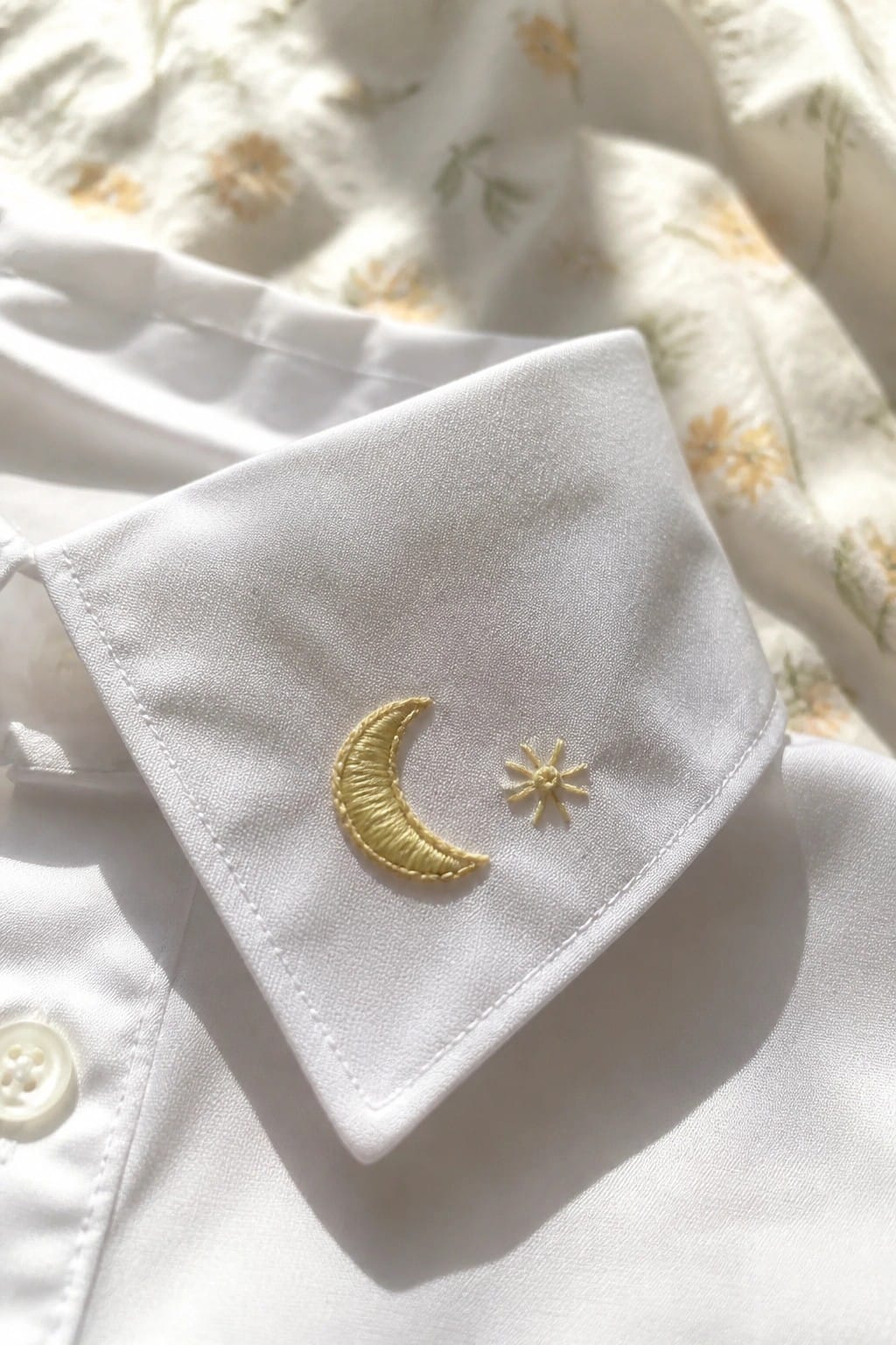 Yellow crescent moon and small sun embroidery on a white shirt collar.
