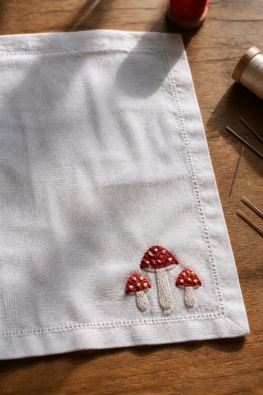 White fabric with three small embroidered mushrooms in red and white clustered in the corner, shown with thread spools and needles on a wooden surface.