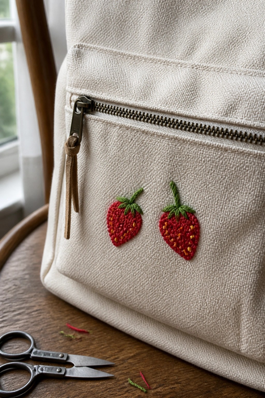 Close-up of a beige canvas backpack front pocket with two embroidered red strawberries below a metal zipper, small scissors and loose threads visible on the wooden surface underneath.