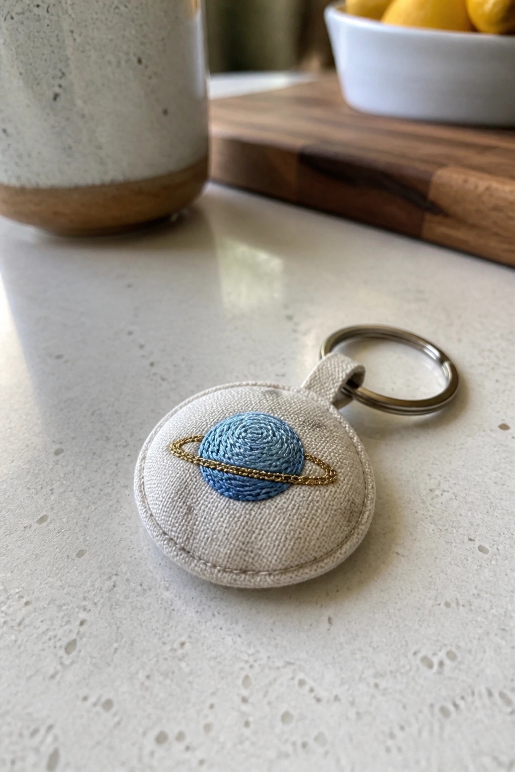 Round beige fabric keychain with blue planet and gold ring embroidery attached to a metal keyring on a white surface.
