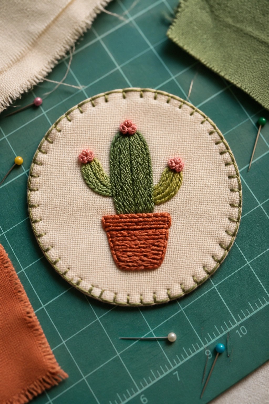 Circular beige fabric patch with green border embroidery showing a cactus in an orange pot with pink flowers on top.