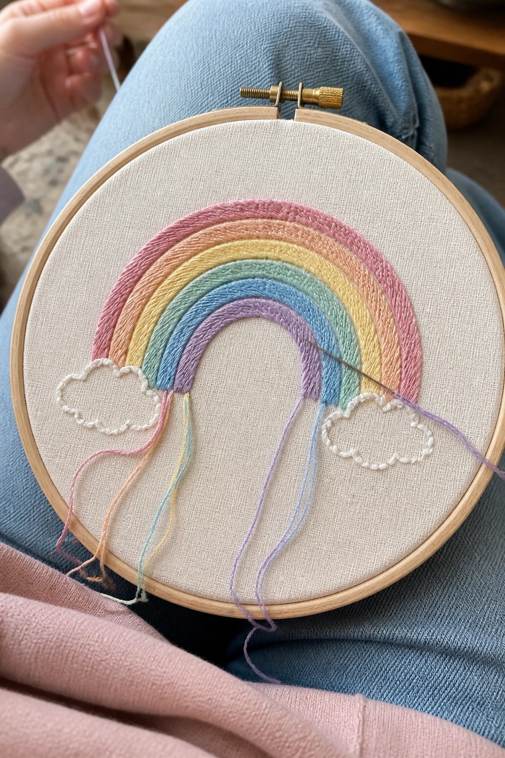 Pastel rainbow embroidery with clouds in wooden hoop on blue-jeaned lap