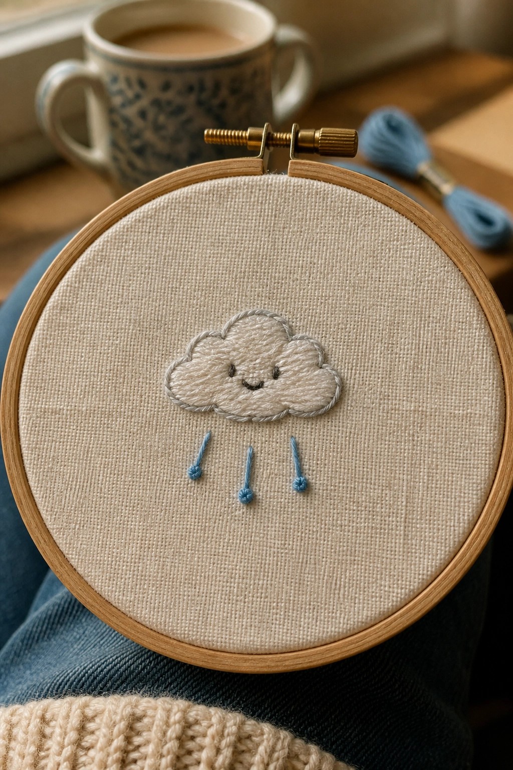 Smiling cloud embroidery with blue raindrops in wooden hoop on lap