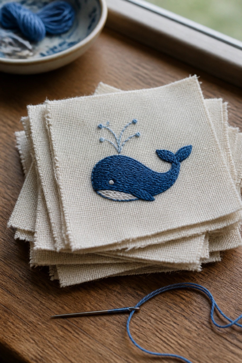 A stack of small linen squares with a blue embroidered whale on the top square sits on a wooden table next to a threaded needle.