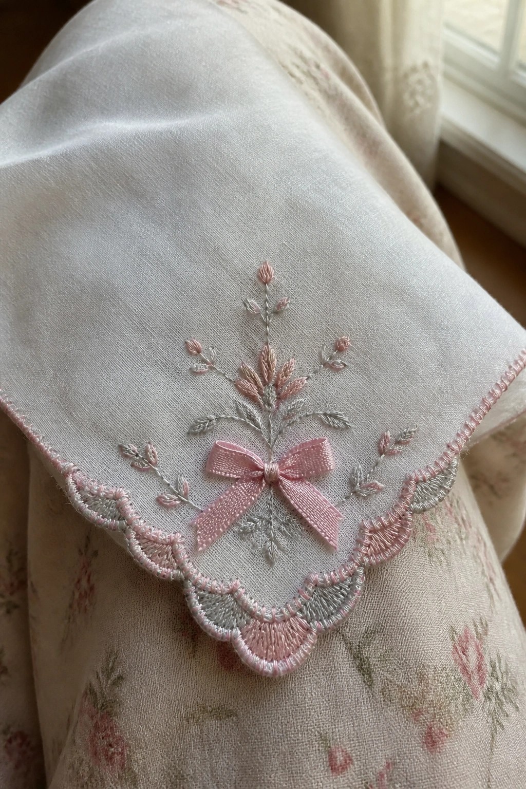 White fabric with pink bow amid delicate pink-gray floral embroidery and scalloped edge