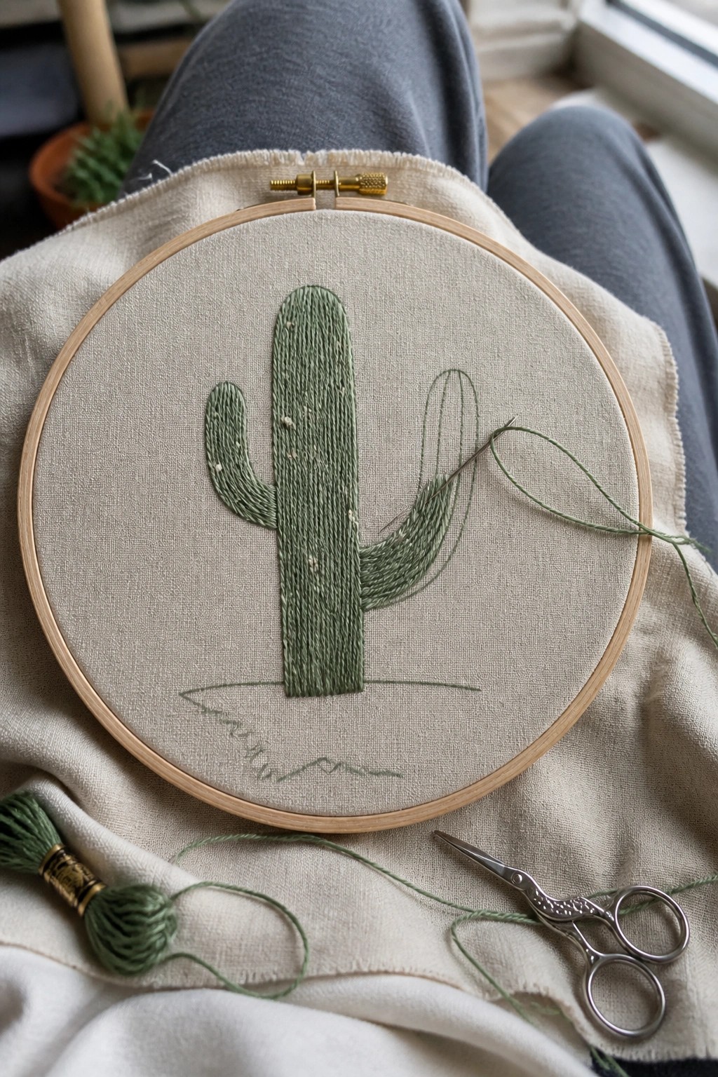 Green cactus embroidery in hoop on lap with needle, scissors, and floss.