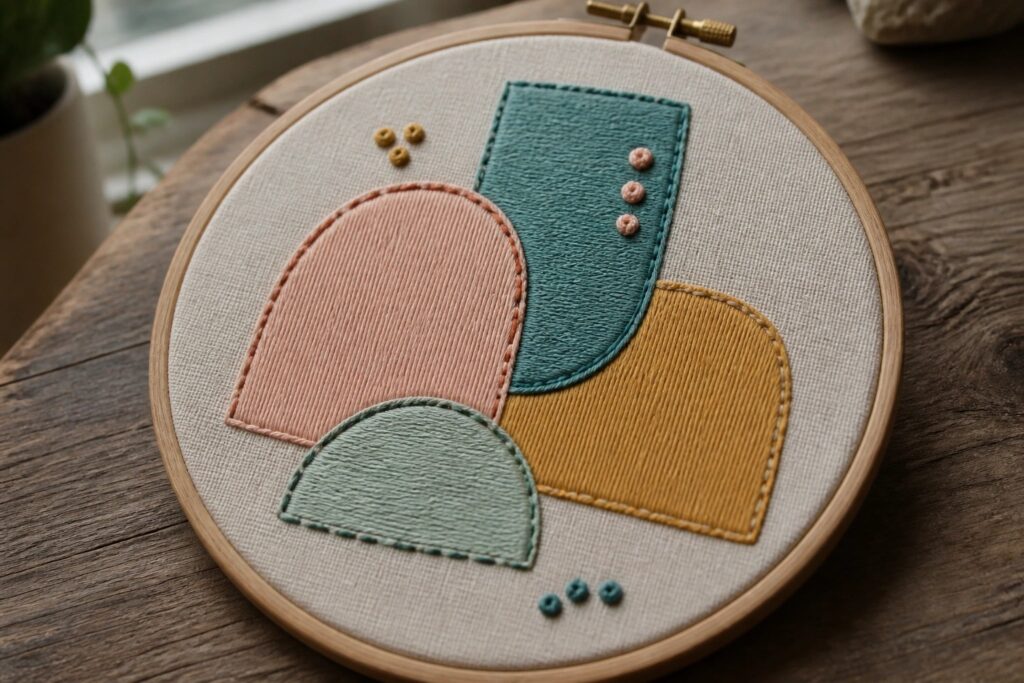 19 Inspiring Modern Embroidery Ideas for a Stylish Handmade Look Embroidery hoop featuring abstract geometric shapes in teal, peach, yellow, mint, and off-white on white fabric with dashed lines and small dots.