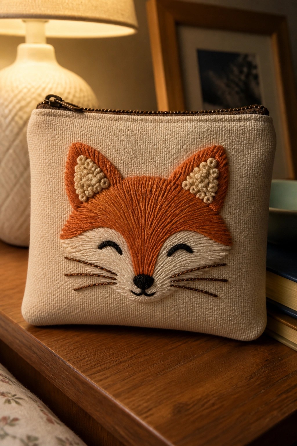 Beige zippered pouch with embroidered orange fox face on wooden table
