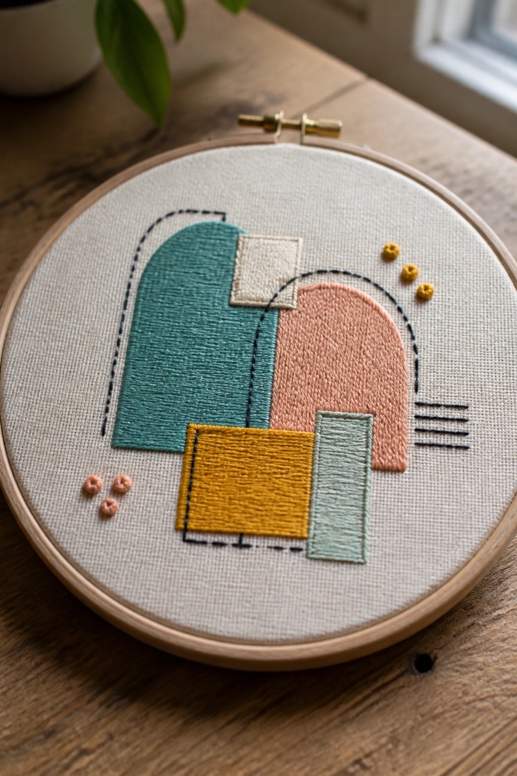 Embroidery hoop featuring abstract geometric shapes in teal, peach, yellow, mint, and off-white on white fabric with dashed lines and small dots.