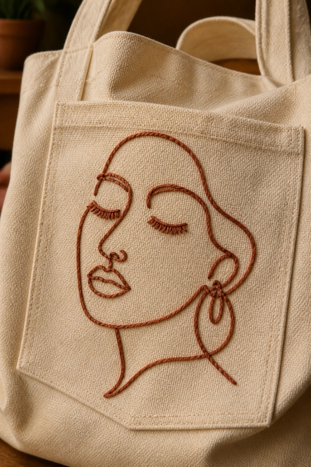 Canvas tote bag with terracotta thread embroidery of a woman's face on the front pocket.