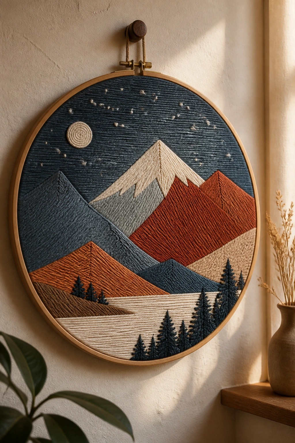 Embroidery hoop featuring a mountain landscape with a night sky, moon, and pine trees stitched in various colors.