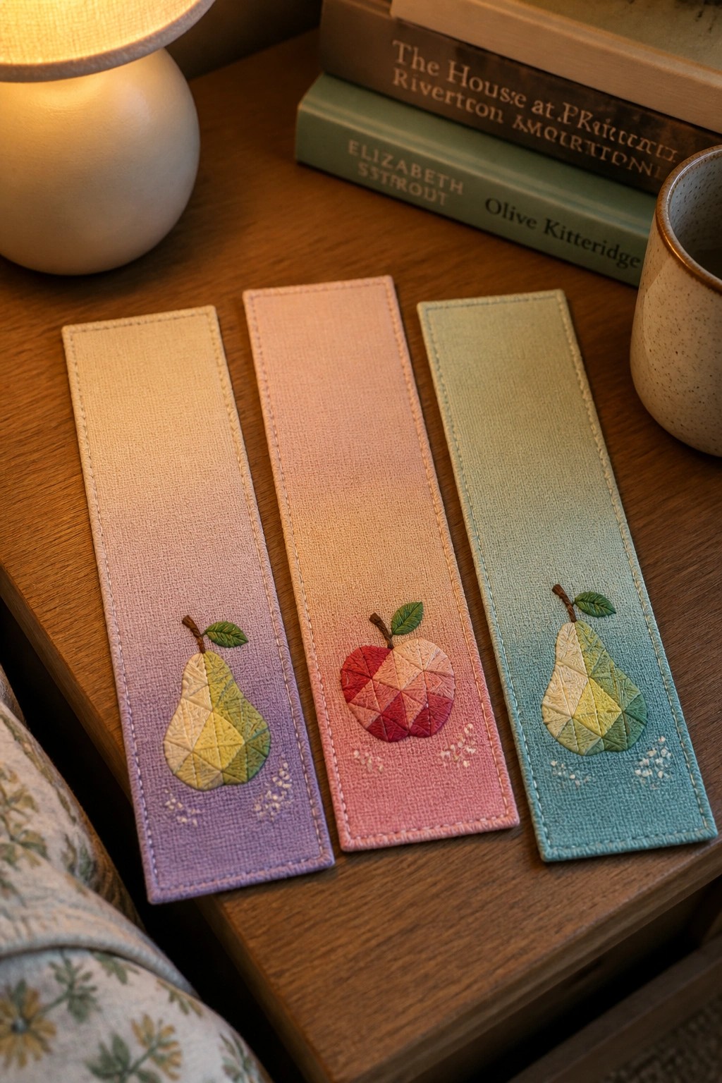 Three pastel embroidered bookmarks with pears and apple on wooden table beside books.