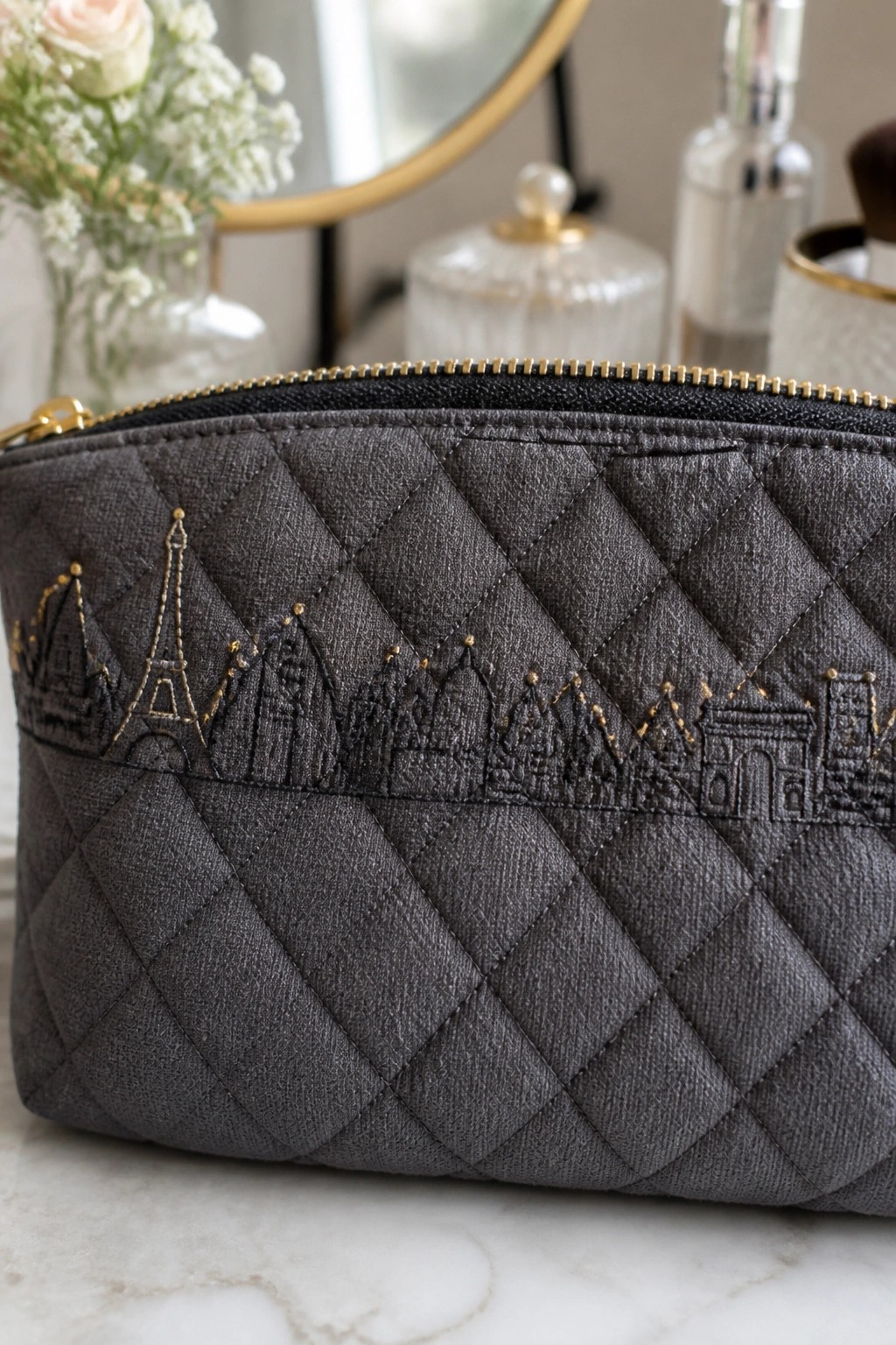 Gray quilted pouch with gold-embroidered Paris skyline and zipper on marble.