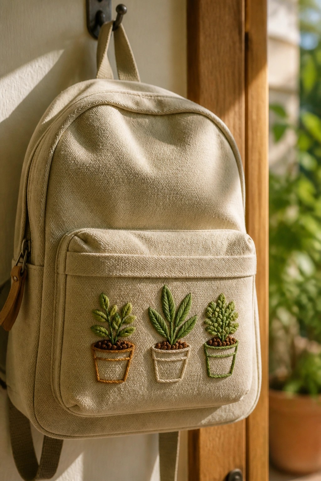 A beige canvas backpack with three embroidered potted plants across the front pocket.