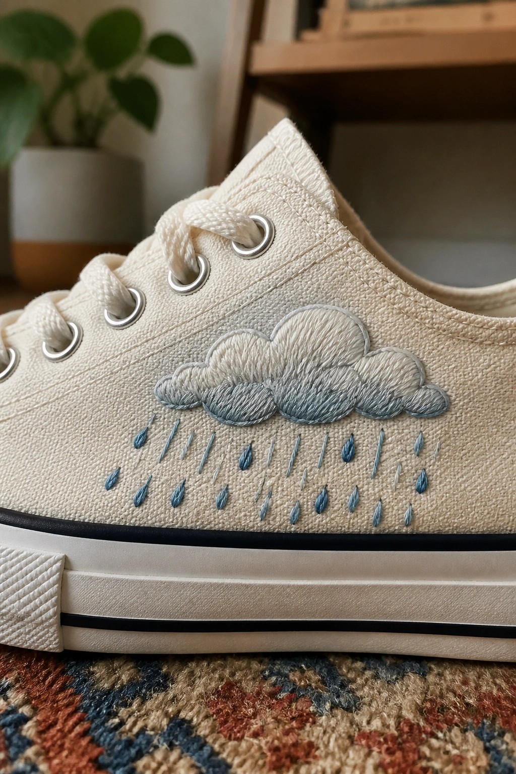 Close-up of a white canvas sneaker with an embroidered cloud and blue raindrops on its side.