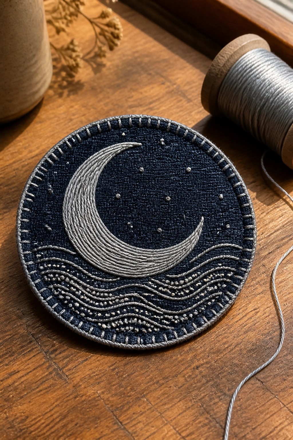 Embroidered blue circle with silver crescent moon, stars, and waves on wood.