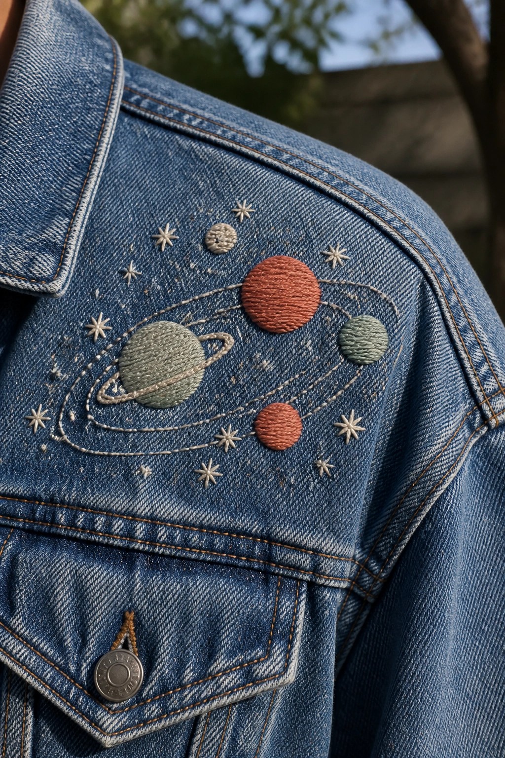 Blue denim jacket with colorful embroidered planets and stars on shoulder