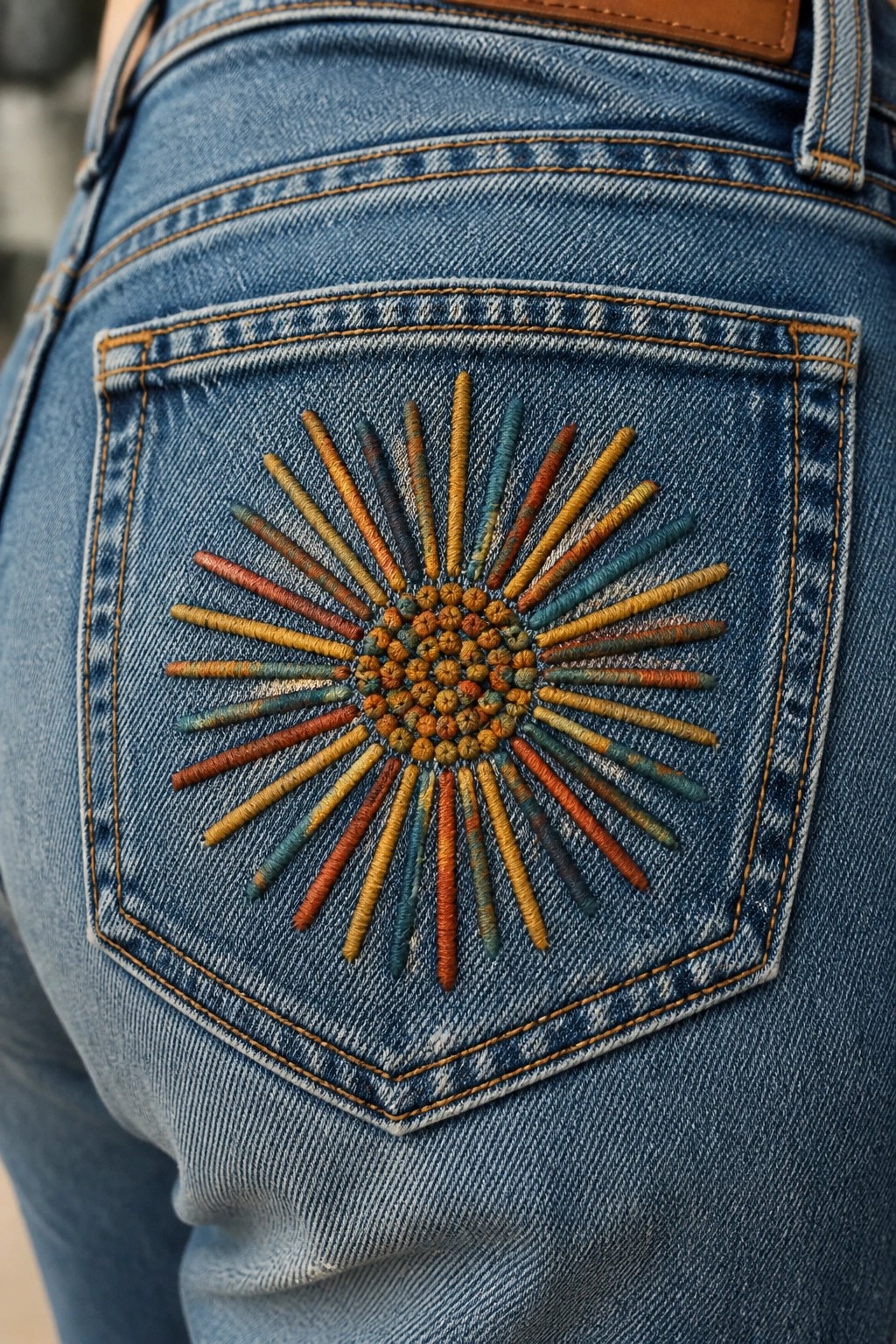 Close-up of blue denim jeans back pocket with colorful sunburst embroidery in radiating threads.