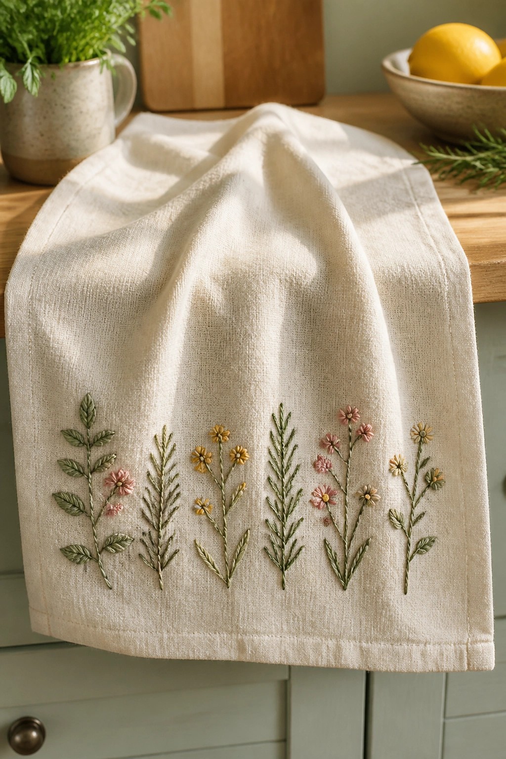 White cloth with floral embroidery on wooden kitchen counter beside lemons and herbs.