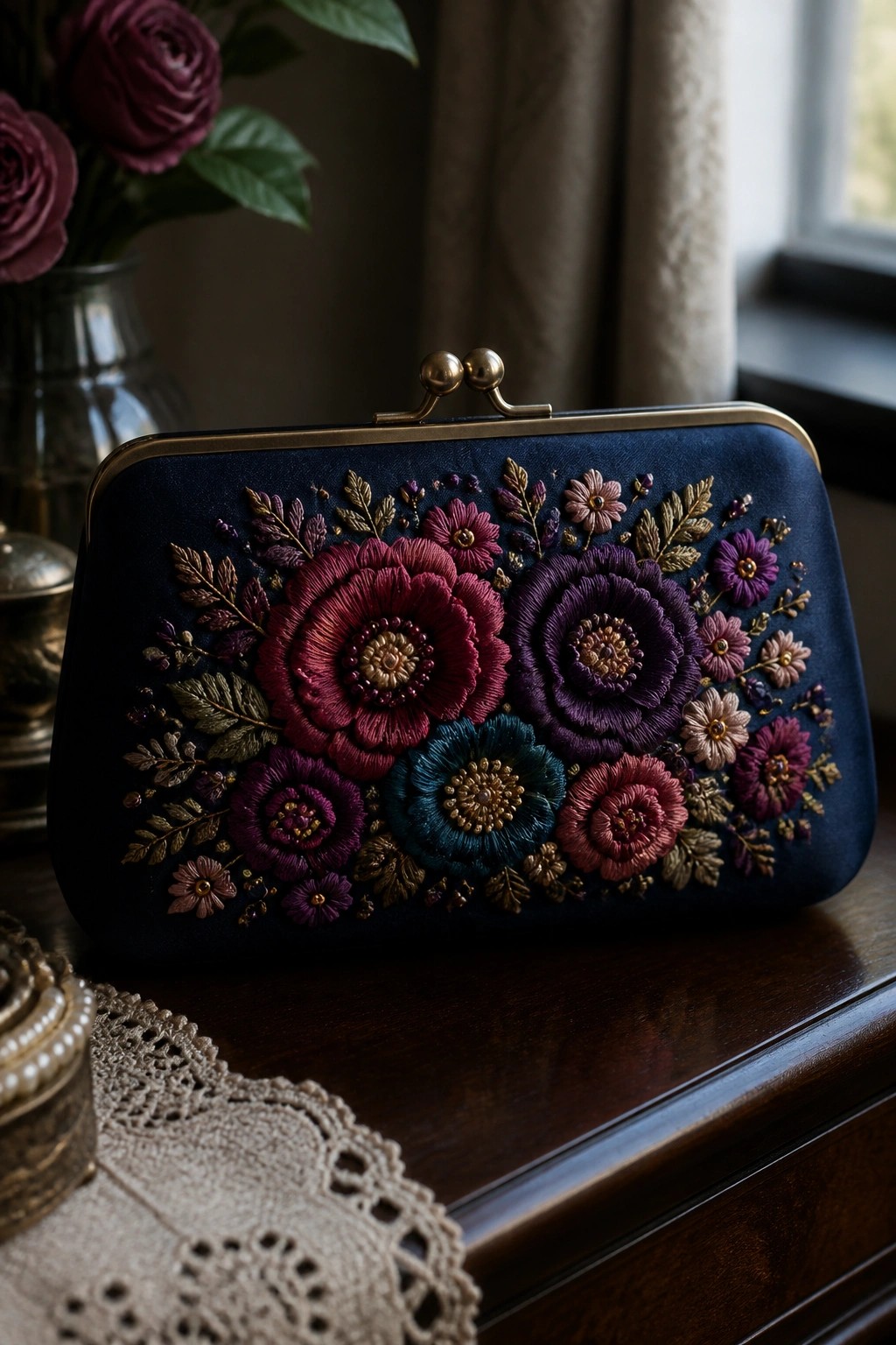 Navy blue embroidered clutch purse with vibrant florals and gold clasp on wood