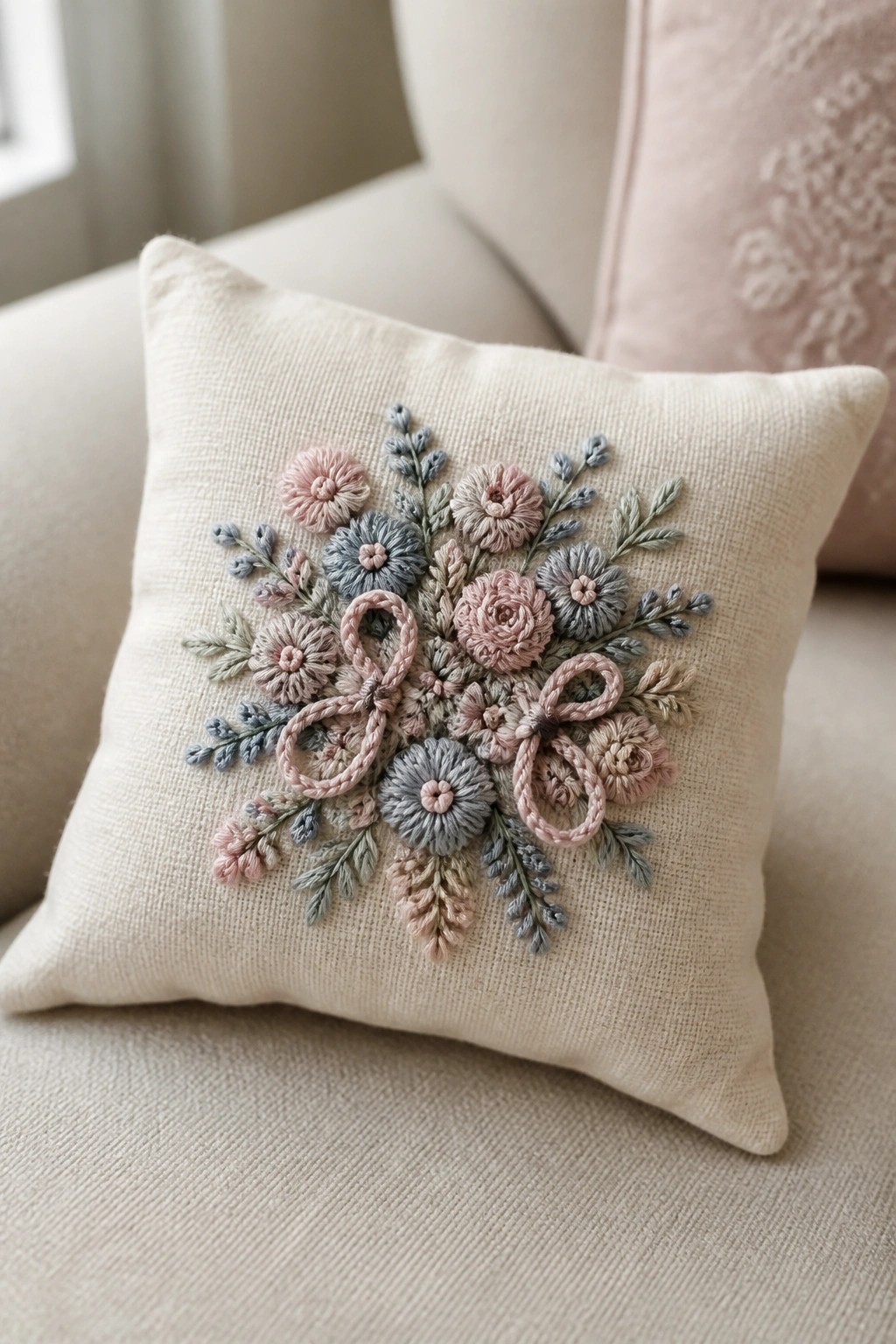 Square off-white pillow with centered circular embroidery of pink, gray, and green flowers, leaves, and two looped accents.