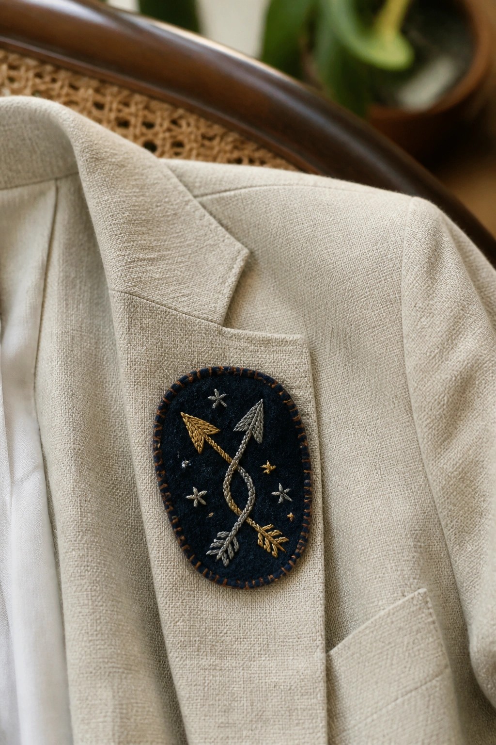 Beige jacket lapel with dark blue oval patch of crossed arrows and stars.