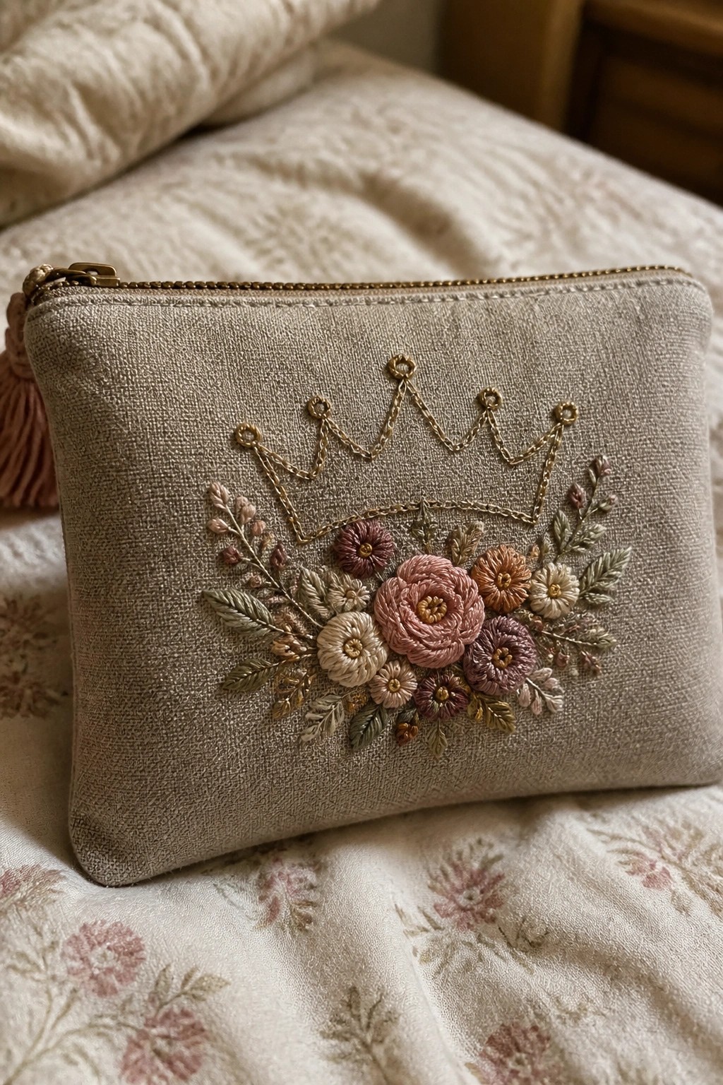 Beige linen pouch with gold crown embroidery above pink and multicolored flowers on bed.