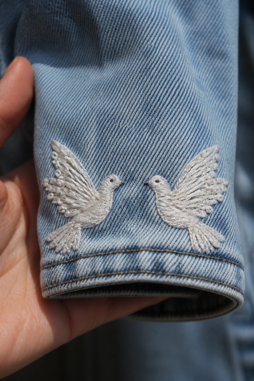 Two white embroidered doves facing each other on the cuff of light blue denim fabric.