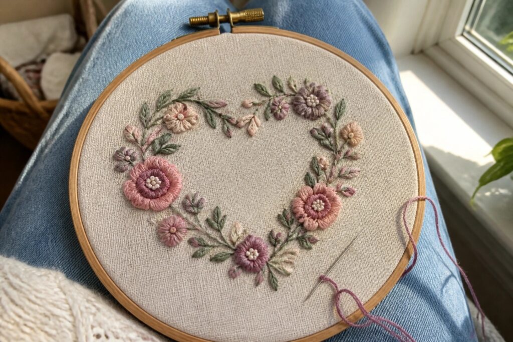 Floral heart embroidery in pink and green on fabric in wooden hoop over denim lap