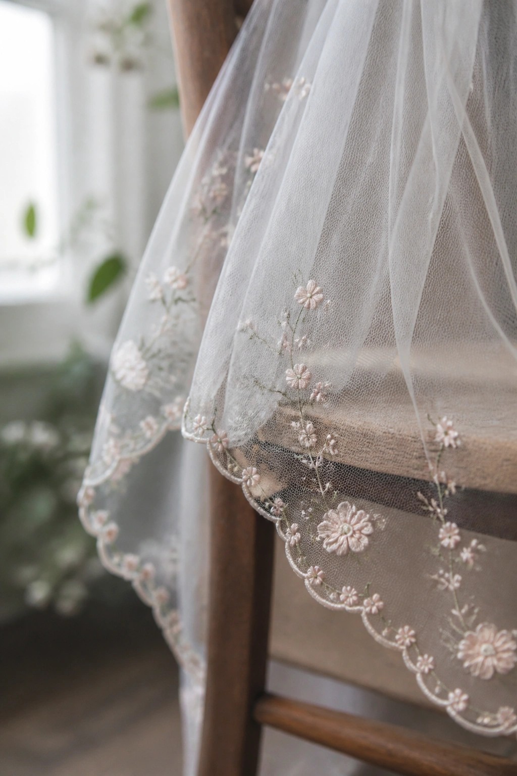 White tulle veil with pink floral embroidery along the scalloped edge draped over a wooden chair.
