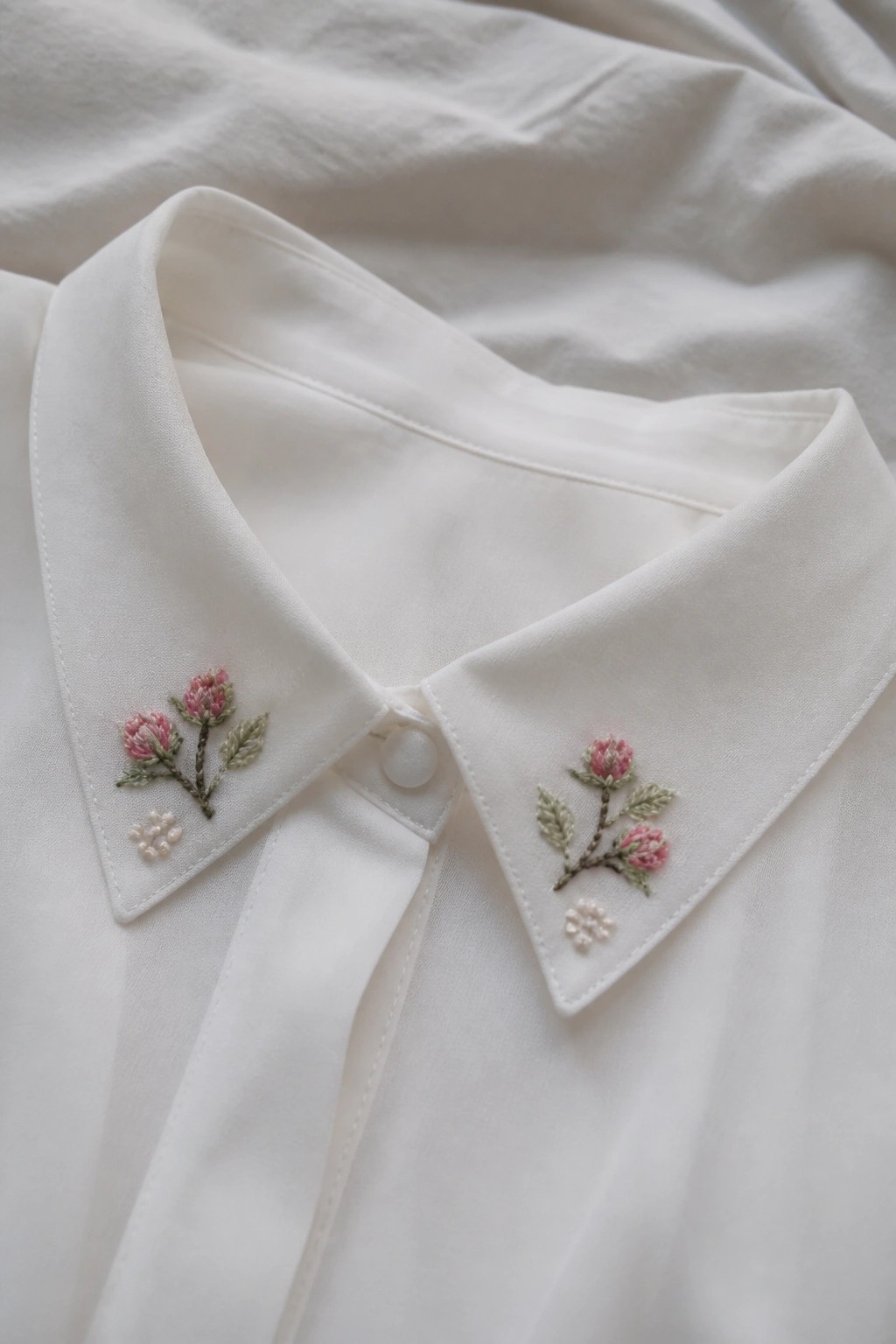 White collared shirt with pink floral embroidery and leaves on tips