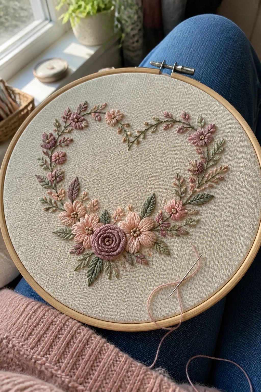 Floral heart embroidery in pink and green on fabric in wooden hoop over denim lap