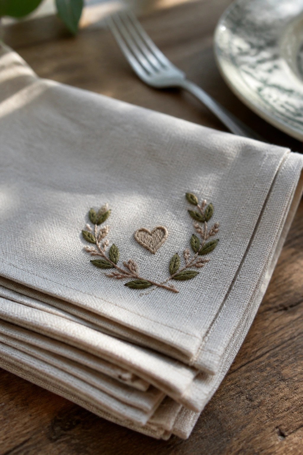 A stack of folded beige napkins shows a small embroidered heart flanked by two leafy branches.