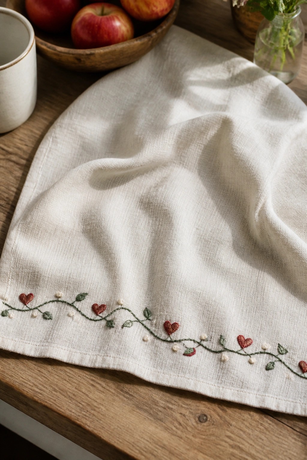 White linen napkin with green vine embroidery, red hearts, and white dots stitched along one folded edge on a wooden table.