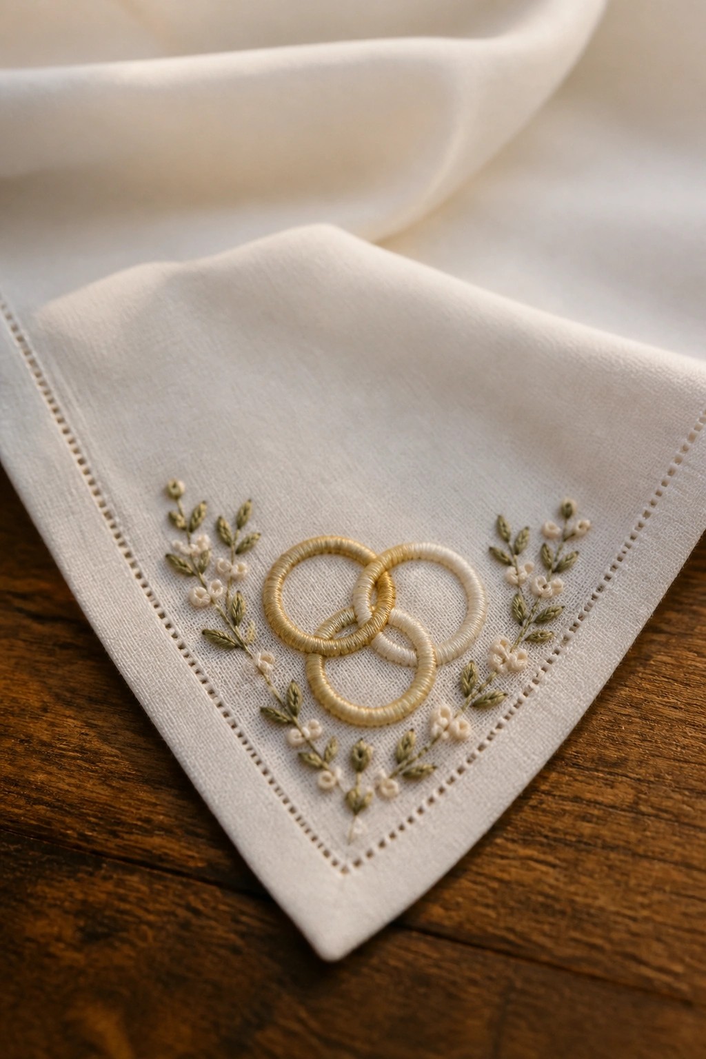 White embroidered cloth with three interlocking rings and floral motifs on wood.