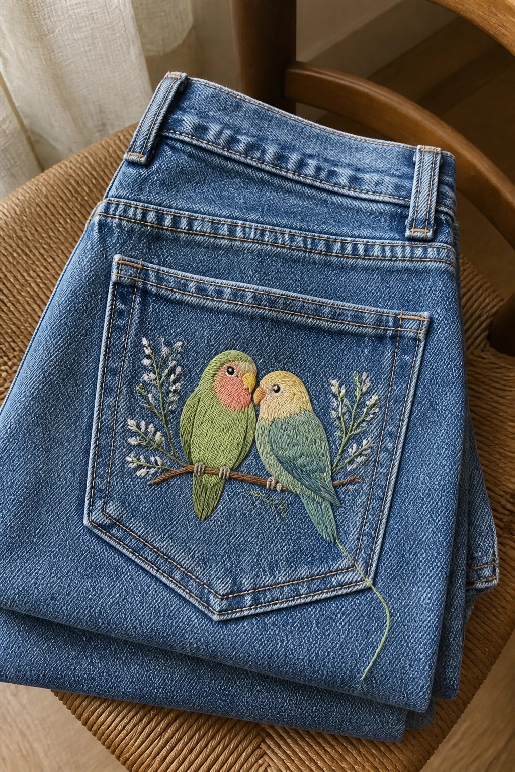Two embroidered lovebirds on a branch cover the back pocket of folded blue jeans.